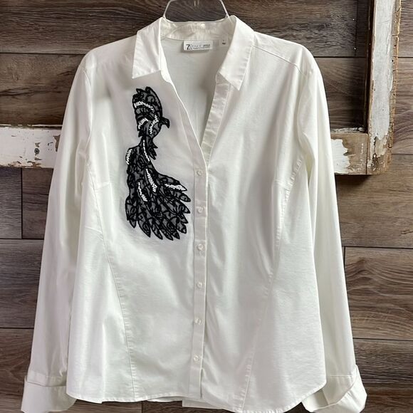 7th AVENUE DESIGN STUDIO  White Tailored Blouse Black Lace Phoenix Bird SZ Large - Picture 2 of 9